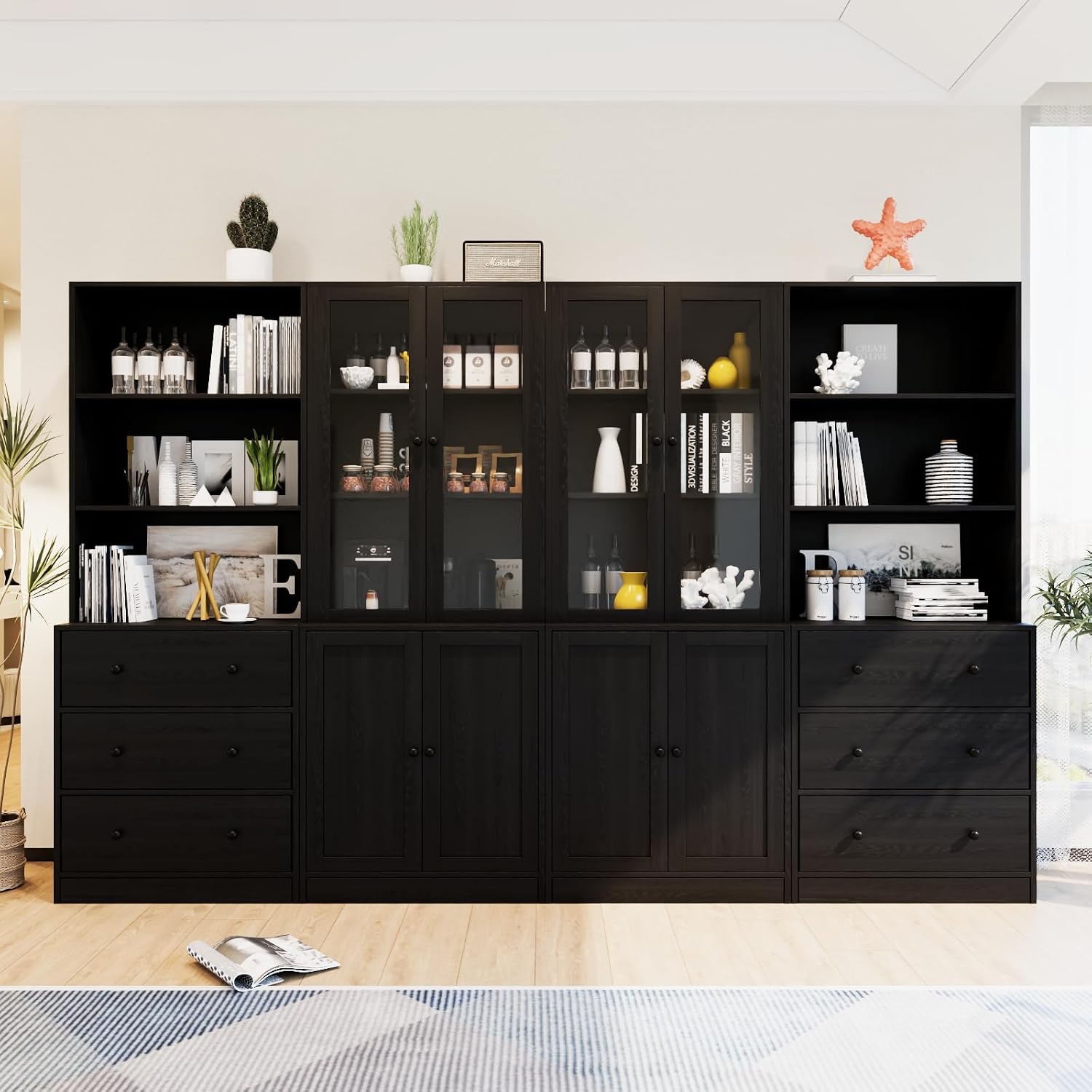 TUSY 71' H Bookshelf with Storage, 6-Tier Modern Bookshelves with 3 Large Drawer, Display Bookcase with Glass Doors, Modern 5-Tier Curio Cabinet for Home Office, Dining Room (Black, AB)