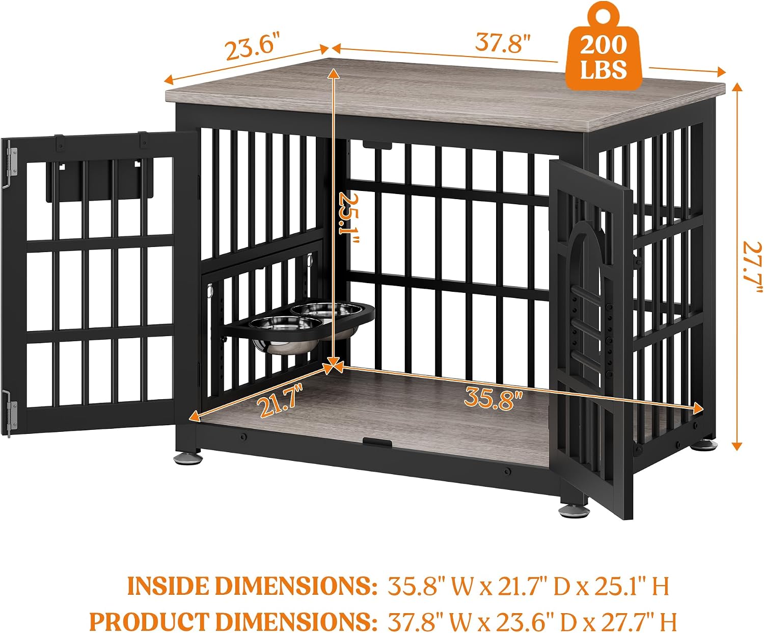Lulive Dog Crate Furniture 37.8' Wooden Dog Kennel Table with Bowls Heavy Duty Dog Crates for Small/Medium/Large Dogs, Dog Kennel Furniture Indoor as TV Stand End Table,Grey