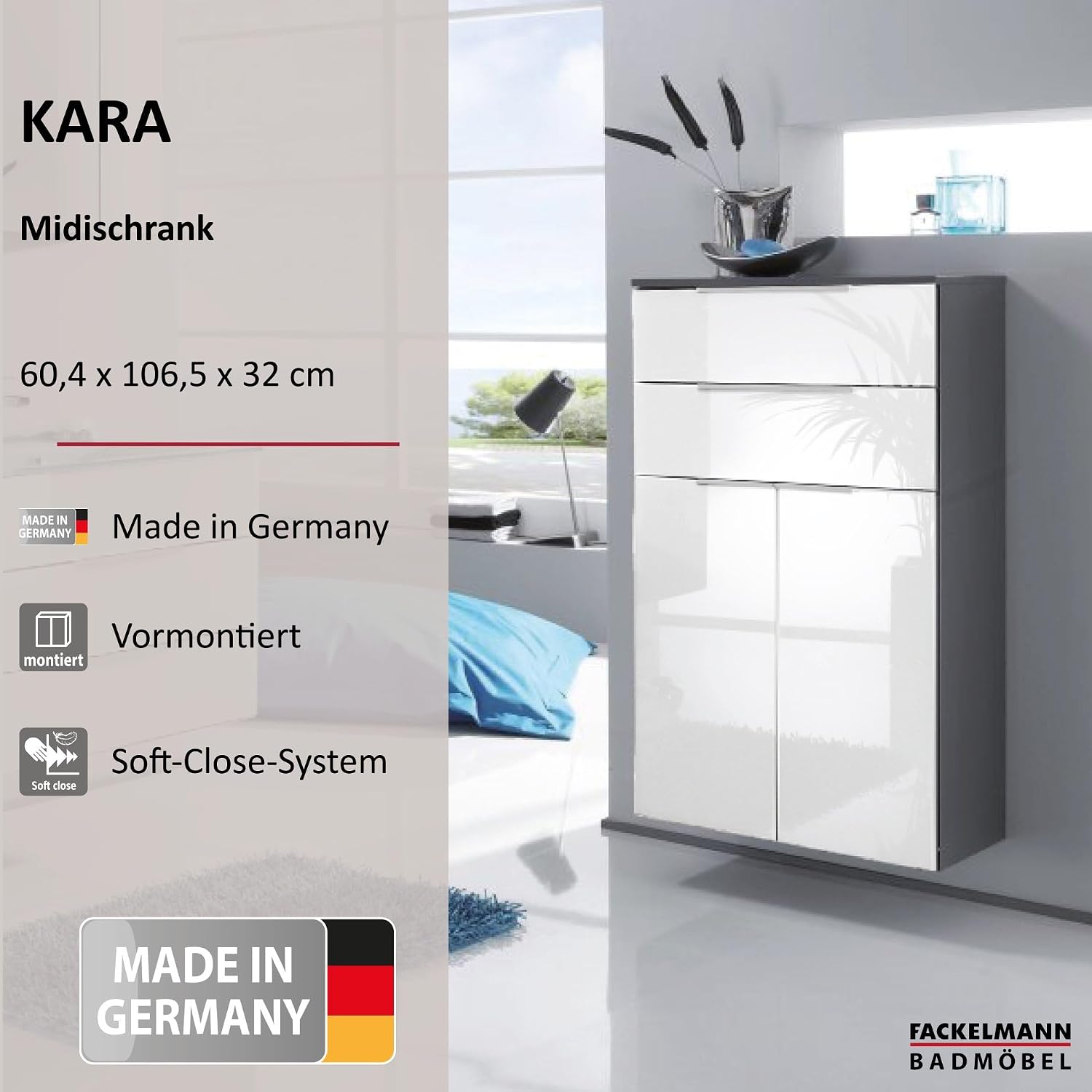 FACKELMANN Kara Double Midi Cupboard/Bathroom Cabinet with Soft-Close System/Dimensions (W x H x D): Approx. 61 x 107 x 32 cm Bathroom Cabinet/Furniture with Drawers and Doors /