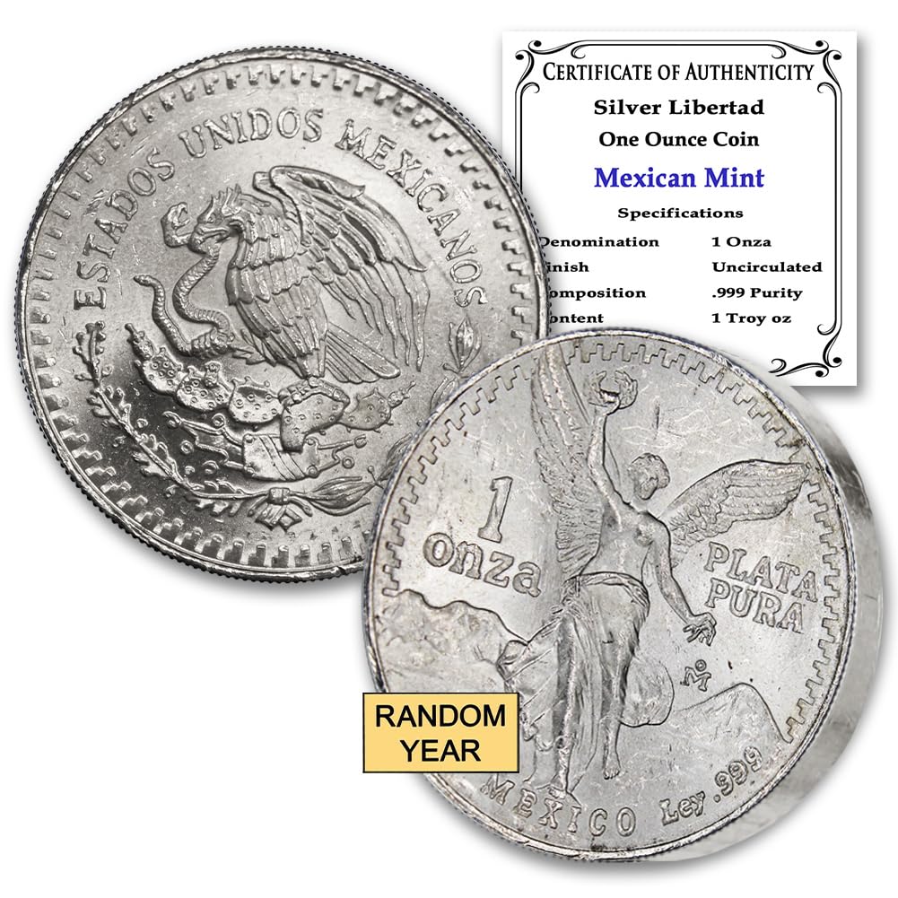 1982 - Present (Random Year) 1 oz Mexican Silver Libertad Coin Brilliant Uncirculated with Certificate of Authenticity - Moneda de Plata Pura de Ley 1 Onza Seller BU