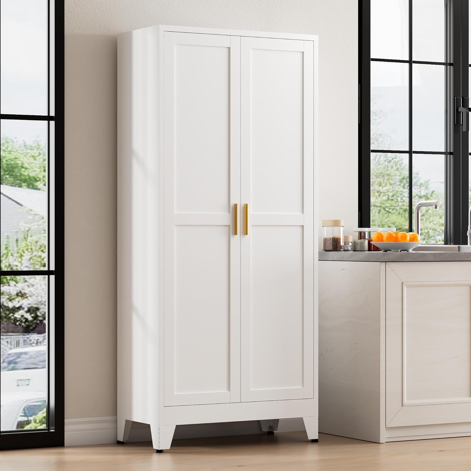 71' Tall Metal Kitchen Pantry Cabinet, Kitchen Storage Cabinets, Steel Cupboard with 2Doors and 4 Adjustable Shelves for Dining Room, Bathroom, Living Room