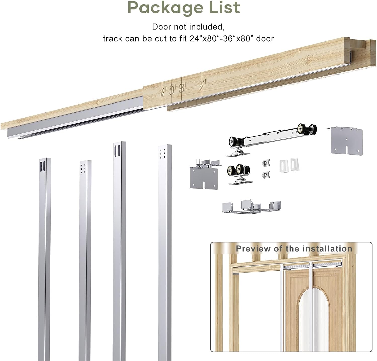 EaseLife 36x80in Pocket Door Frame Hardware Kit with Two-Way Soft Close Mechanism for 2X4 Studs Wall,Sliding Hardware for 24'-36' Wide Door,Slide Smoothly Quietly,Easy Install,No Door (36in x 80in)