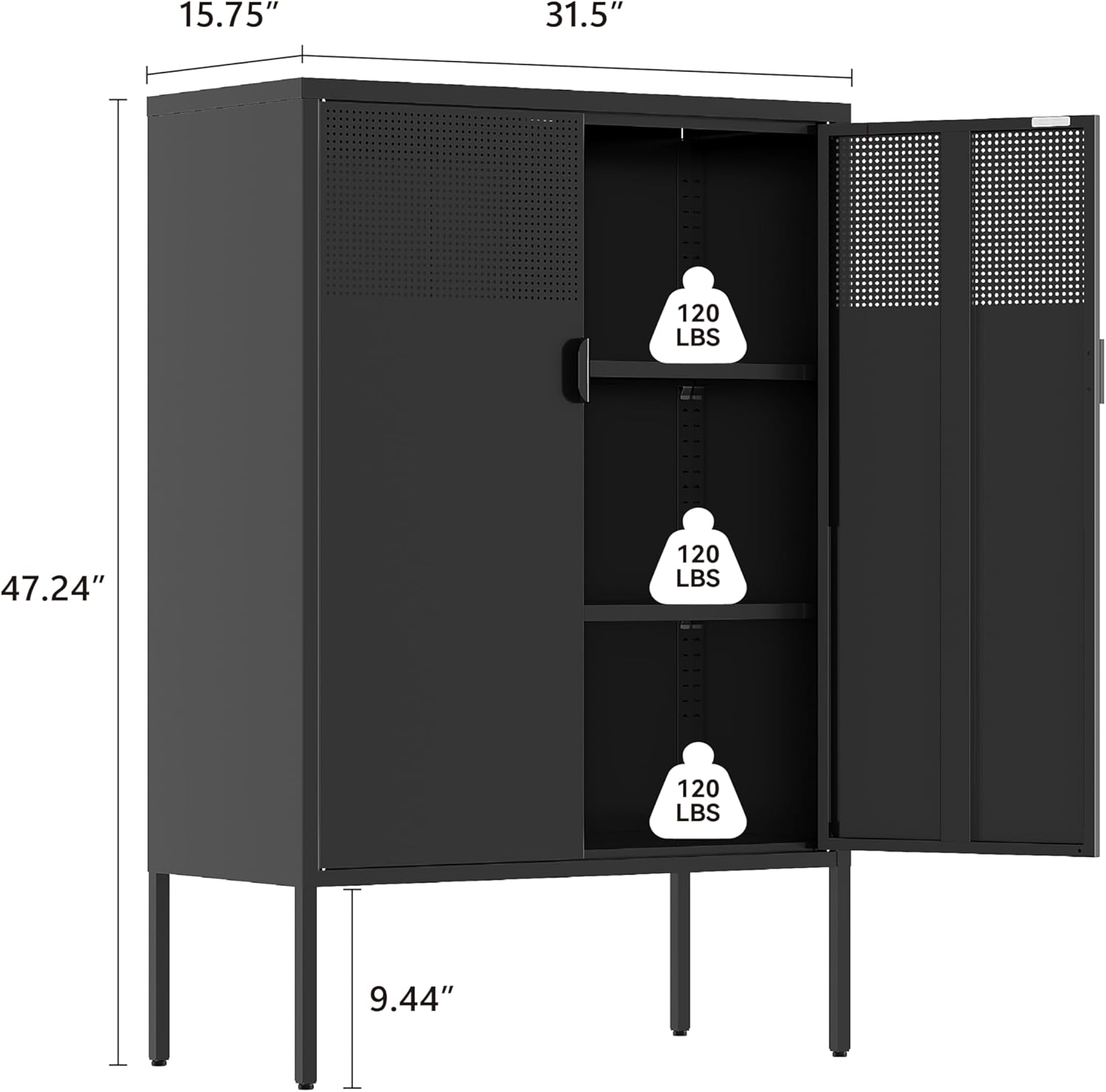 Black Metal Storage Cabinet,2 Door TV Stand, Metal Mesh Accent Cabinet,Magnetic Door Closure,Low Storage Cabinets with Doors and Shelf for Home,Office,Living Room