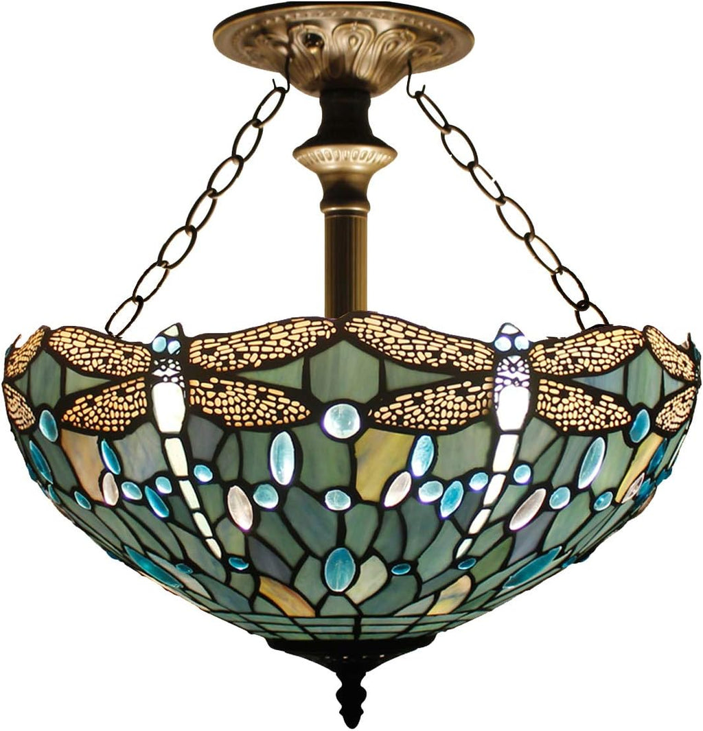 Tiffany Lamp Shade Replacement W16H7 Inch Sea Blue Stained Glass Dragonfly Lampshade For Table Lamps FLoor Lamp Ceiling Fixture(3 Hooks) Pendant Hanging Light S147 WERFACTORY Home Office Decoration