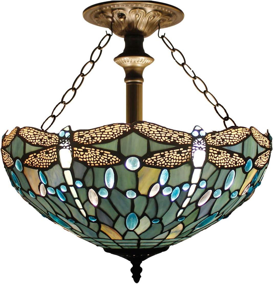 Tiffany Lamp Shade Replacement W16H7 Inch Sea Blue Stained Glass Dragonfly Lampshade For Table Lamps FLoor Lamp Ceiling Fixture(3 Hooks) Pendant Hanging Light S147 WERFACTORY Home Office Decoration