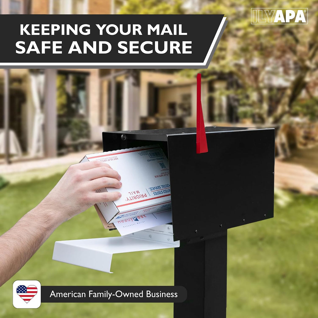 Ilyapa Modern Black Post Mount Mailbox with Waterproof Magnetic Door & Matching 43' Metal Post Sleeve - Perfect for Parcels, Weather-Resistant Steel Letter Box for Curbside/Front Yard