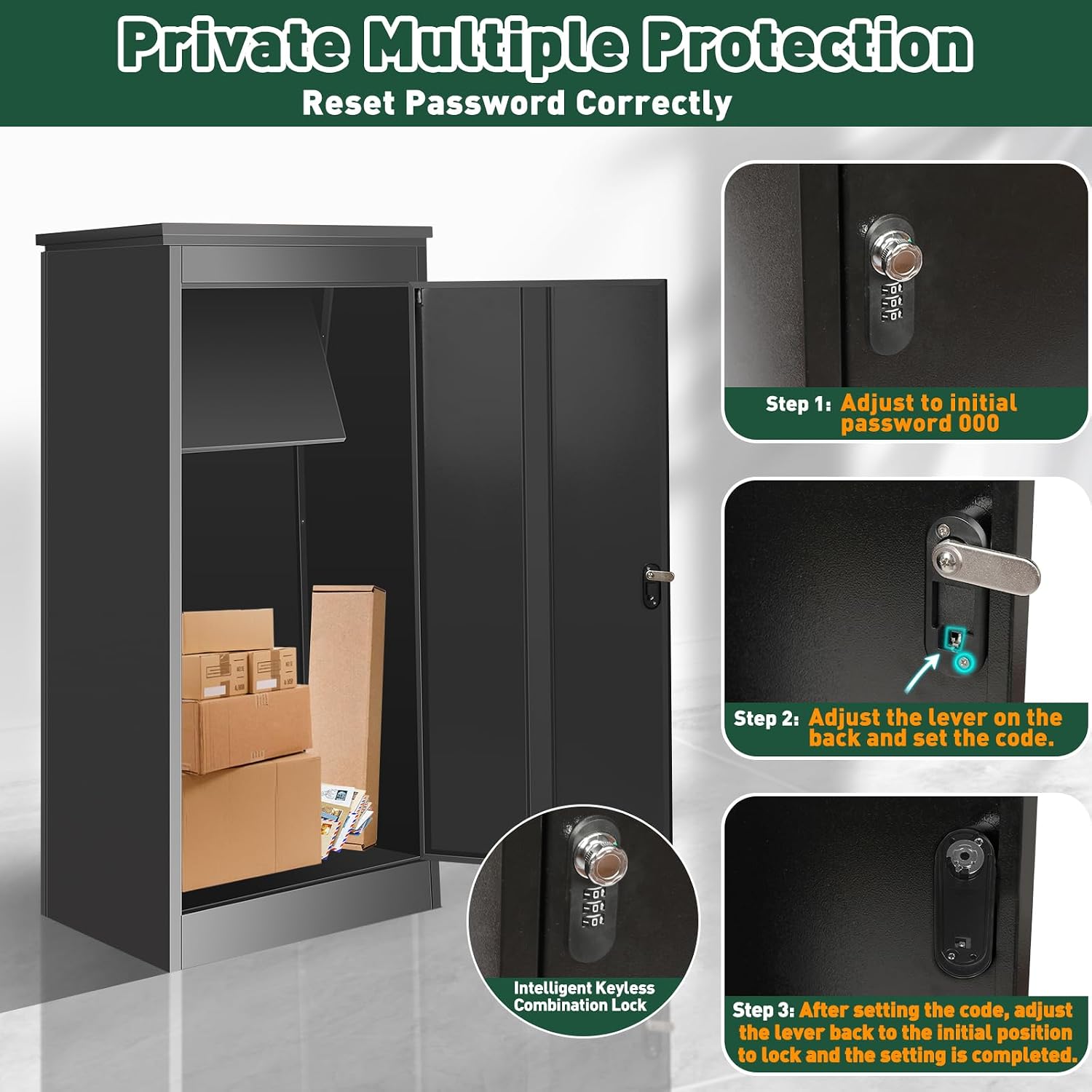 41.3' Package Delivery Box for Outside - Lockable Black Metal Parcel Drop Box, Anti-Theft, IPX4 Waterproof, Weather-Resistant Mailbox for Porch, Fence, Curbside (L)