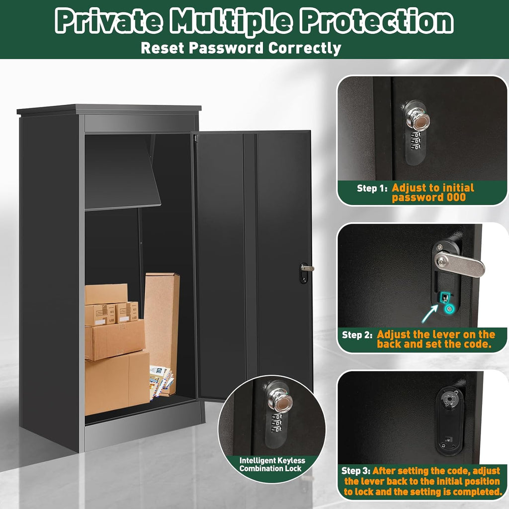 Package Delivery Box for Outside - 20.8 * 16.5 * 33.4IN Lockable Black Metal Parcel Drop Box, Anti-Theft, IPX3 Waterproof, Weather-Resistant Mailbox for Porch, Fence, Curbside