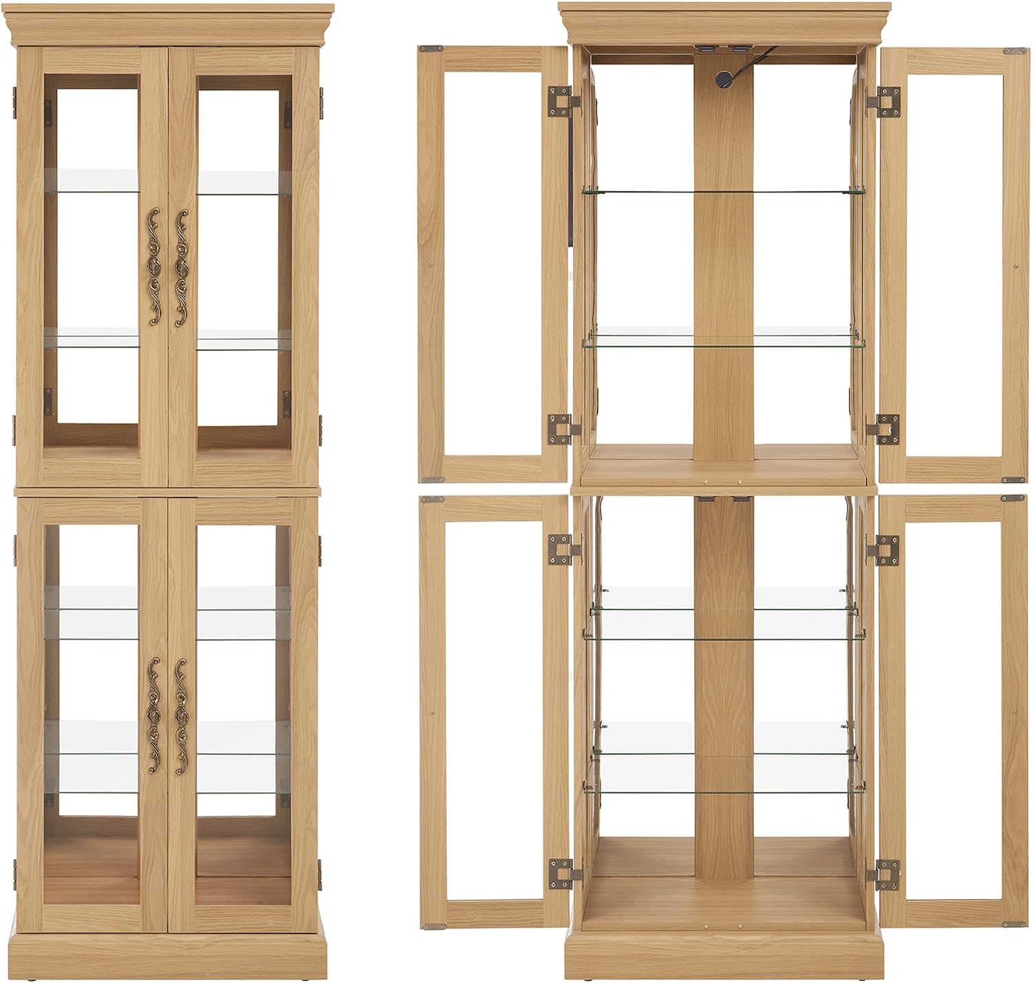 71' H Lighted Curio Cabinet Display Case, Glass Curio Cabinets with Adjustable Shelves and Tempered Glass Door, Wooden Cabinet w/Mirrored Back Pane for Living Room (Light Oak)