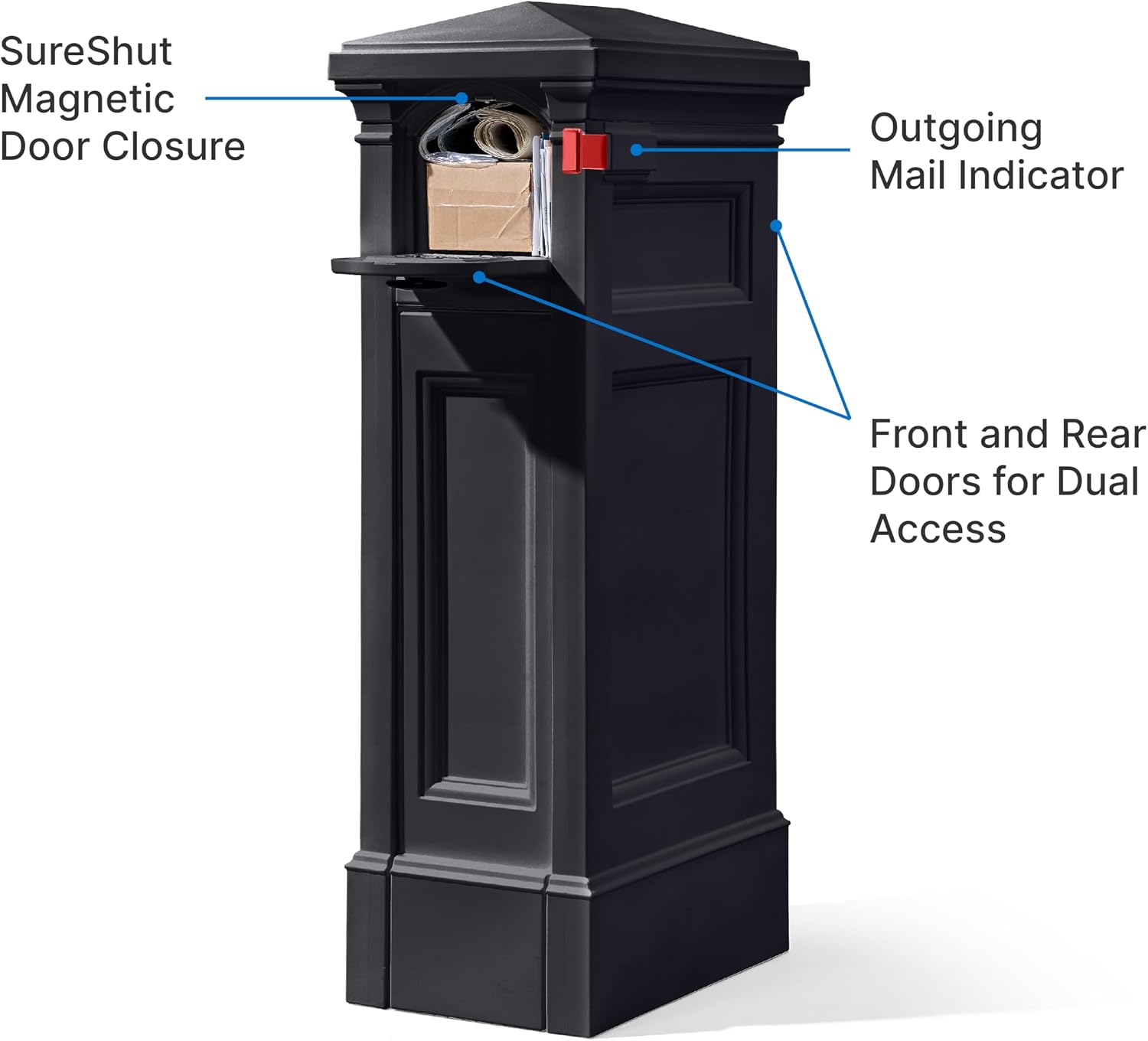 Step2 Atherton Reserve Storage Mailbox & Post, Extra Storage, Weather Resistant, Large Outdoor Mailboxes, Made of Durable Plastic, Easy to Install, Flag Included, Onyx Black