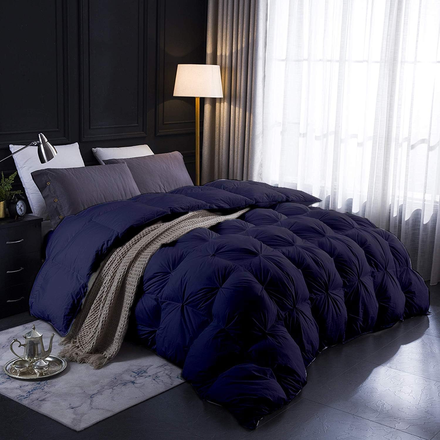 Navy Blue Solid Fluffy Soft 1000-TC Pinch Pleated Down Comforter- Oversized Queen Size 98 x 98 Inches 1 Piece All-Season Duvet Insert, 500 GSM with Corner Tabs 100% Egyptian Cotton
