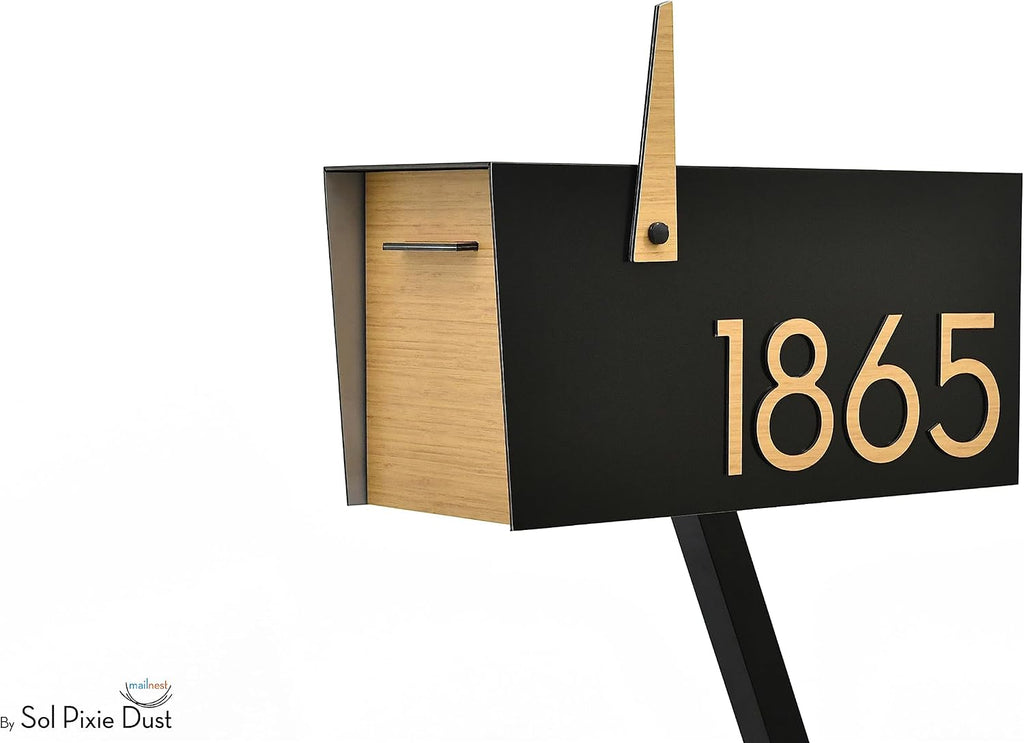 Contemporary Post-Mount Mailbox - Aluminum Black Body with Aluminum Door, Numbers and Flag - Large Customized Mailbox - Type 4 (Bamboo Wood)
