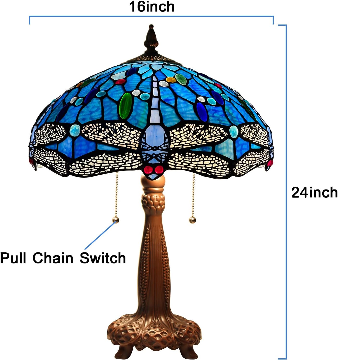 Capulina Tiffany Lamp Stained Glass Table Lamp 2-Light 16X16X24 Inches Blue Dragonfly Tiffany Style Desk Lamp for Bedrooms Living Room Study Office