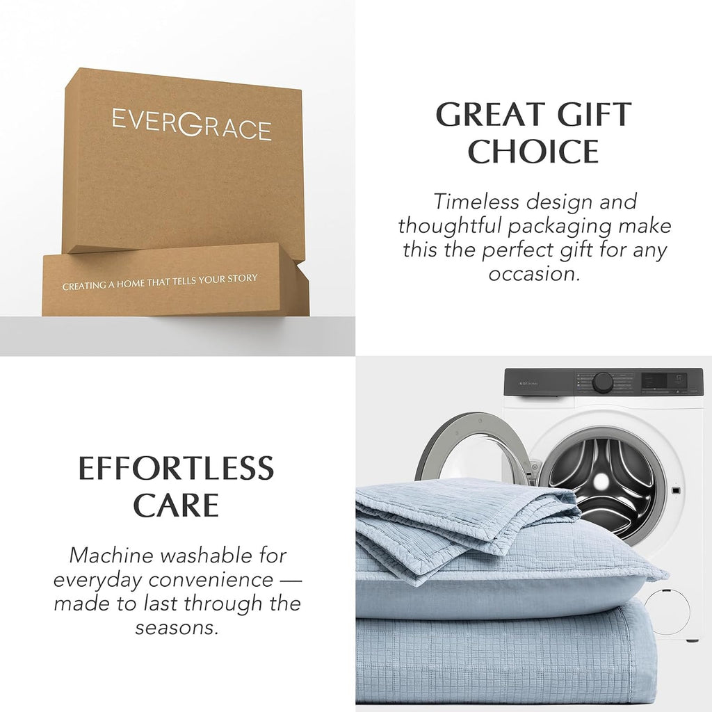EVERGRACEHOME Stonewashed Cotton Quilt Set Queen Size, Ultra Soft Oversized Bedspread Coverlet Set, Lightweight Crinkle Box Stitch Bedding Sets for All Season, with 2 Matching Shams, Blue Linen
