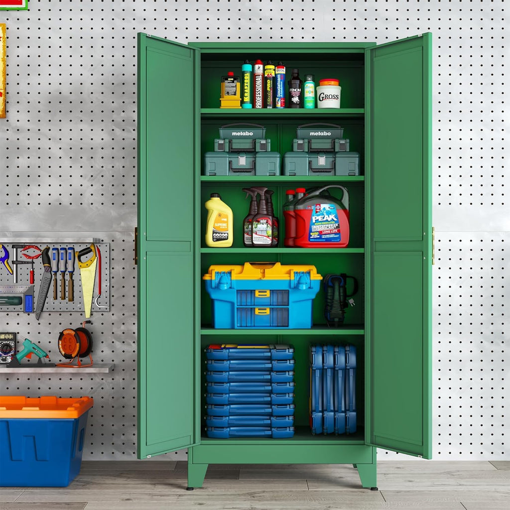 erosoei 75.2'H Metal Kitchen Pantry Storage Cabinet, Storage Cabinets with Adjustable Feet and Shelves,Food Pantries Cupboard for Kitchen, Living Room, Laundry Room and Dinning Room（Green）