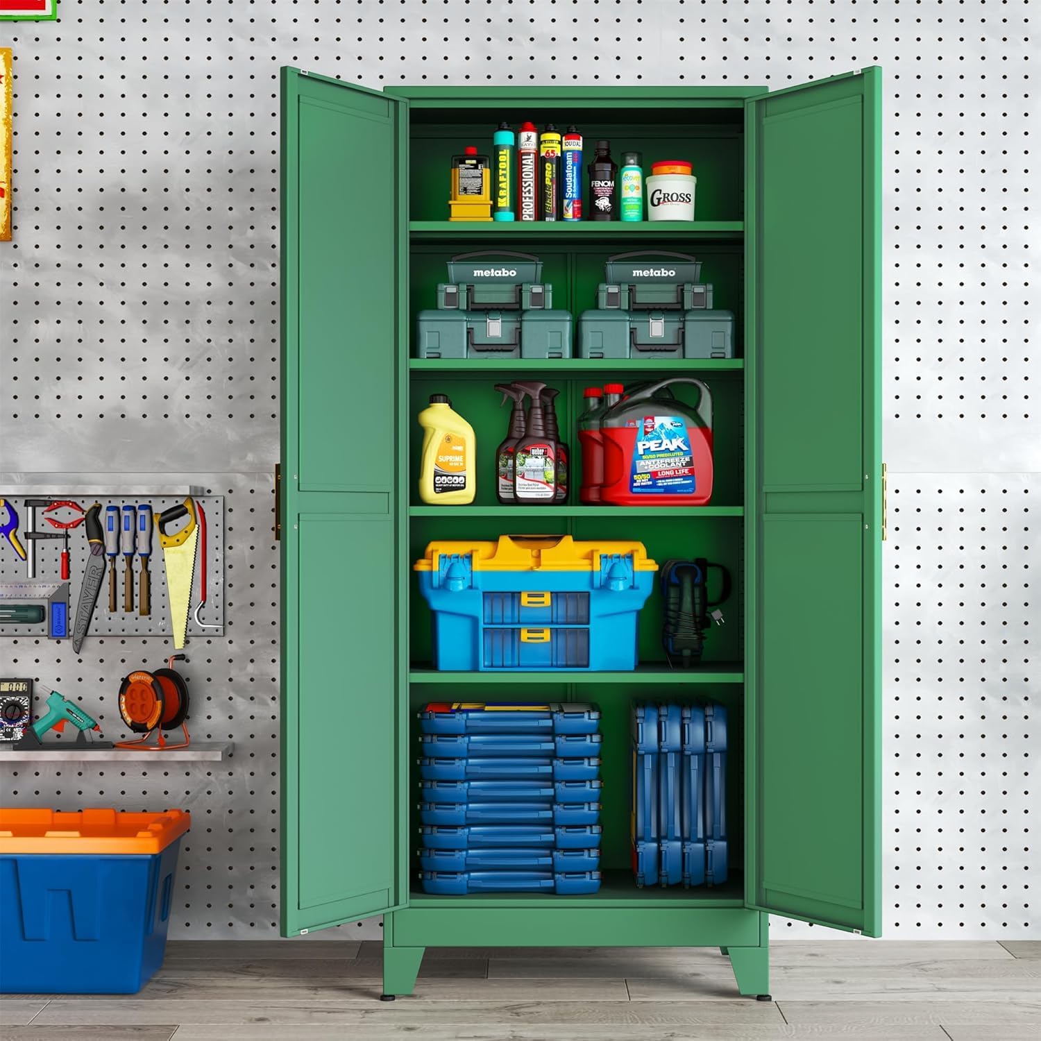 erosoei 75.2'H Metal Kitchen Pantry Storage Cabinet, Storage Cabinets with Adjustable Feet and Shelves,Food Pantries Cupboard for Kitchen, Living Room, Laundry Room and Dinning Room（Green）