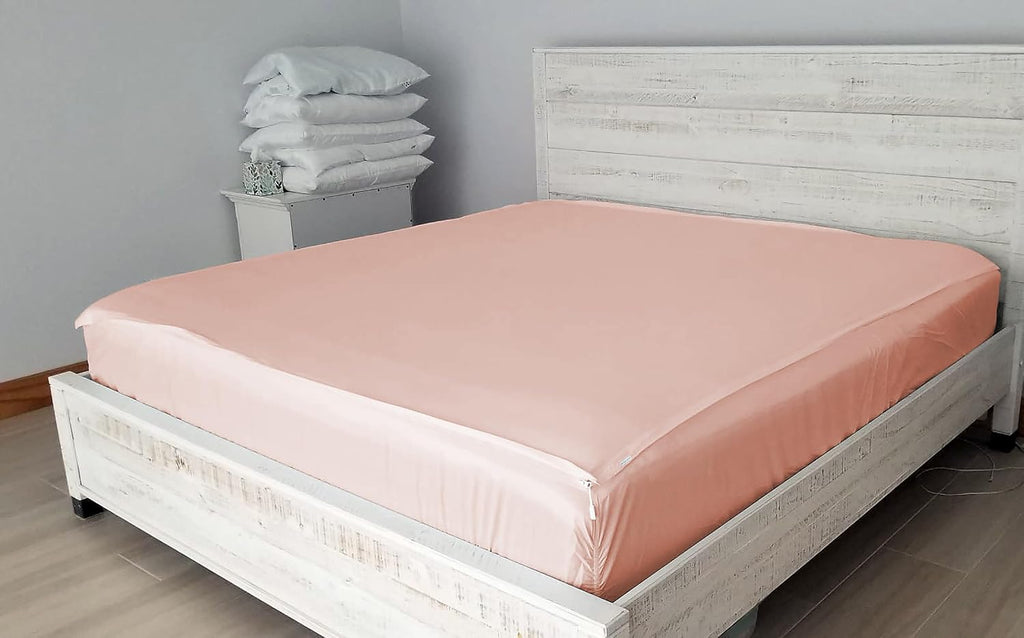 Luxury Zip On Fitted Sheet - Includes 1 Fitted Sheet Base & 2 Zip-On Sheets - Upto 16' in. Deep Pockets Queen Size Zipper Fitted Sheet - Easy to Change, Cotton 600 TC Fitted Sheet - Blush
