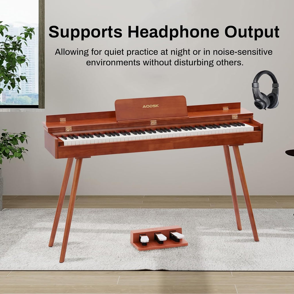 AODSK Digital Piano 88 Key Full Size Weighted Keyboard Overall Solid Wood Frame for Beginners with Sheet Music Stand Triple Pedal Power Adapter