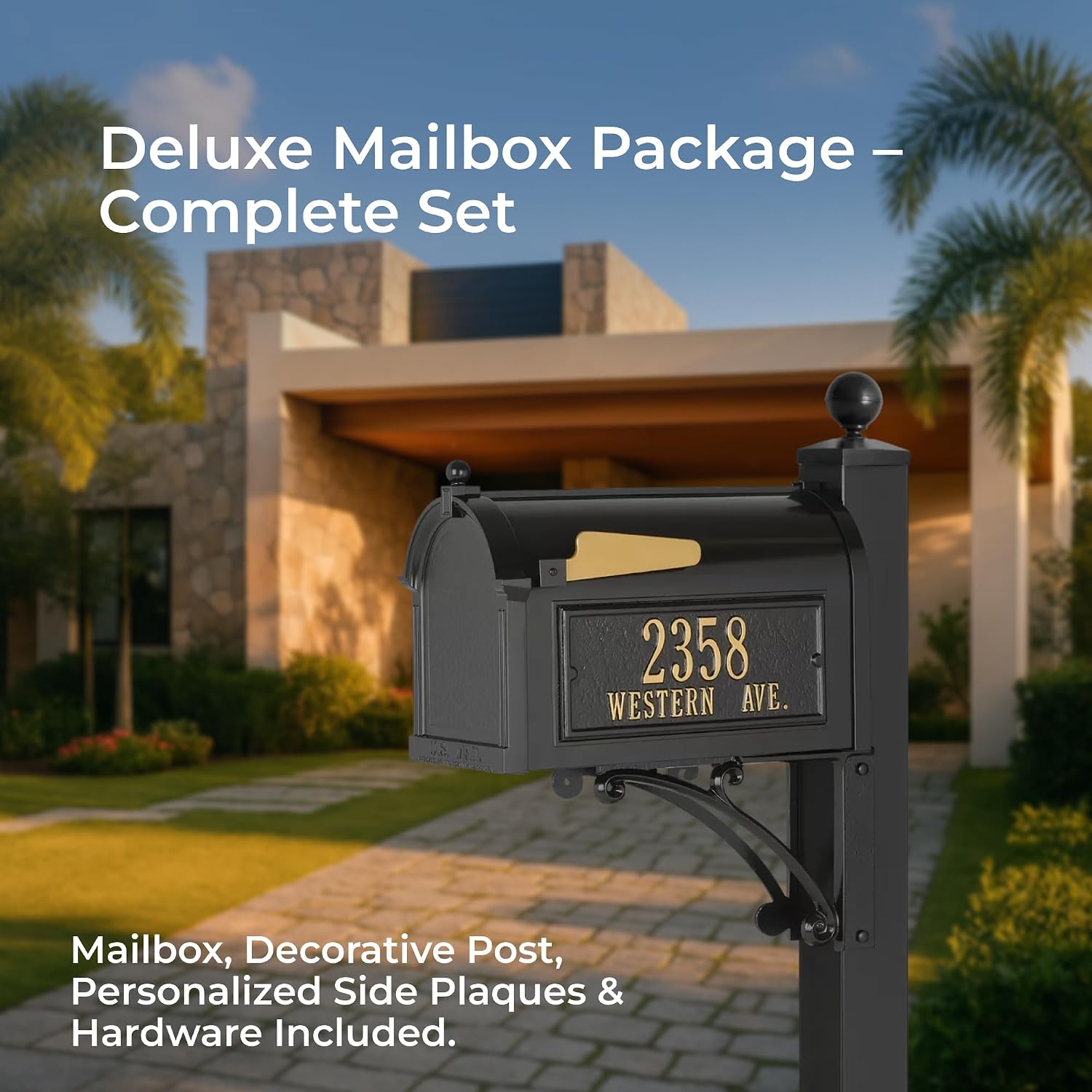 Whitehall Deluxe Mailbox with Post in Black Personalized Side Plaques Large Cast Aluminum Streetside Mailbox Decorative Scroll Post & Ball Finial