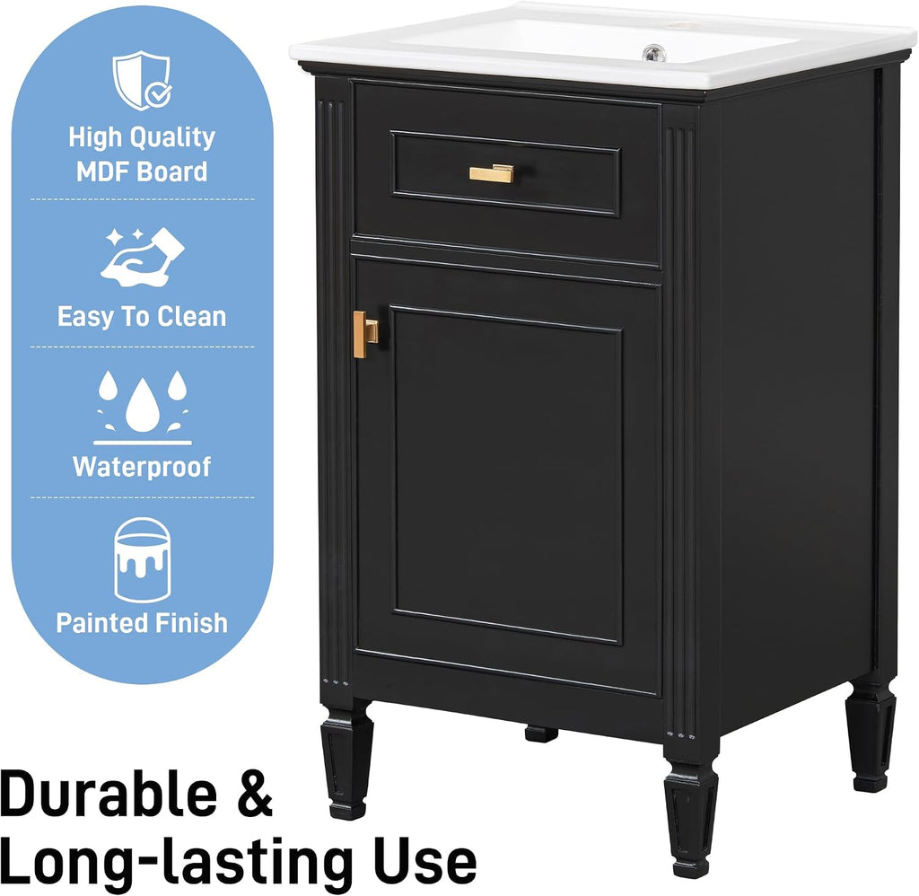 Harper & Bright Designs 20' Bathroom Vanity with Sink, Free Standing Vanity Set with Tip-Out Drawer, Storage Racks, and Adjustable Shelf, Wood Bathroom Cabinet with Ceramic Basin for Bathroom, Black