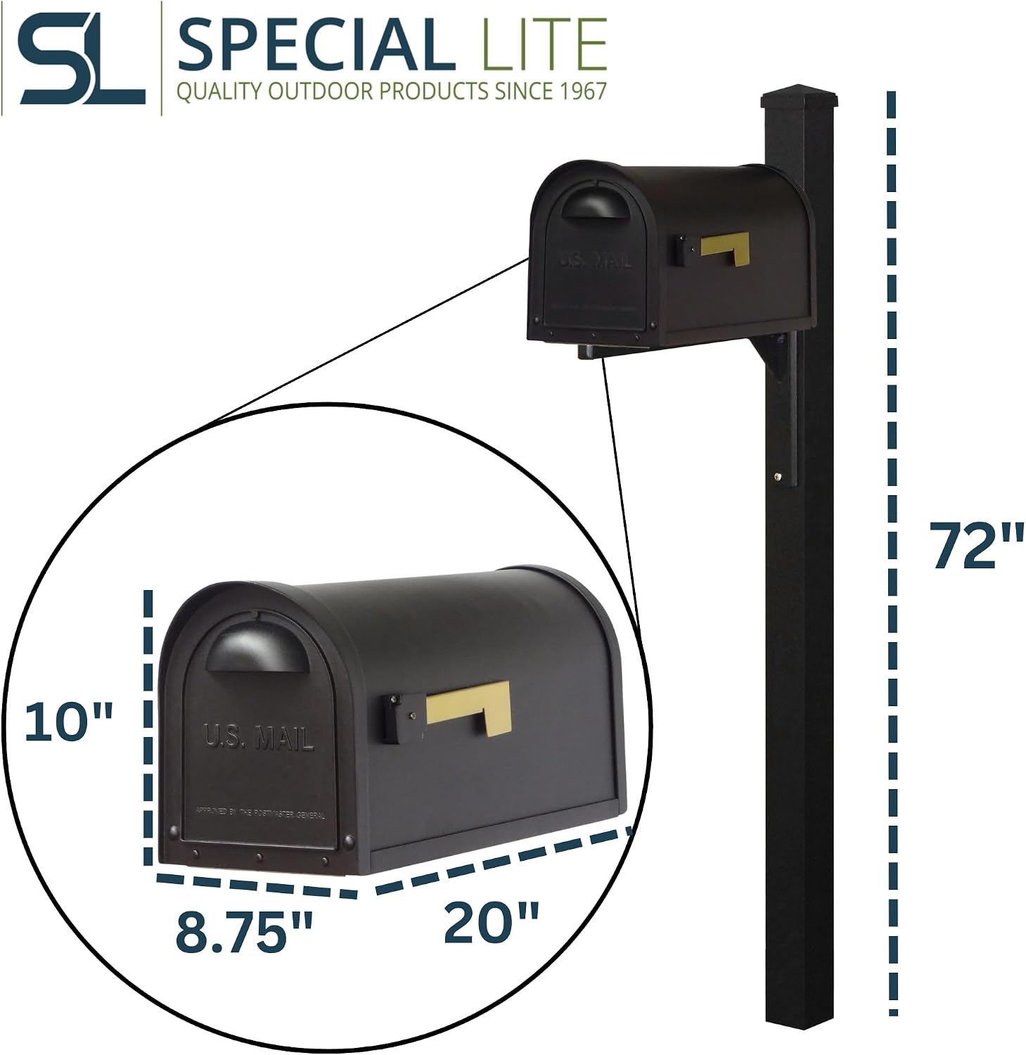 Special Lite Classic Curbside Mailbox with Wellington Post - Black Aluminum Mailbox with Post - SCC1008_SPK720-BLK