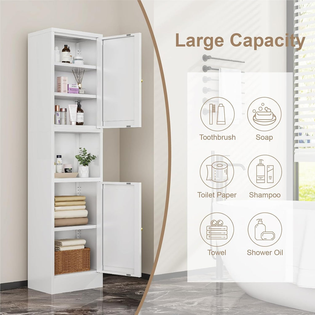 Metal Bathroom Storage Cabinet, 67' Tall Narrow Freestanding Floor Cabinet with Adjustable Shelves and Open Compartment, Slim Metal Locker for Laundry, Kitchen, Dining Room