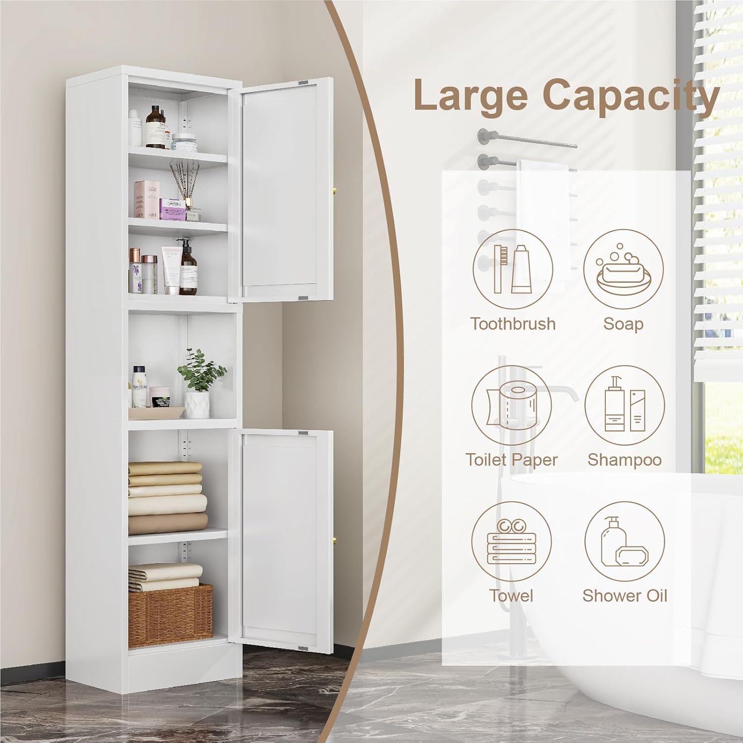 Metal Bathroom Storage Cabinet, 67' Tall Narrow Freestanding Floor Cabinet with Adjustable Shelves and Open Compartment, Slim Metal Locker for Laundry, Kitchen, Dining Room
