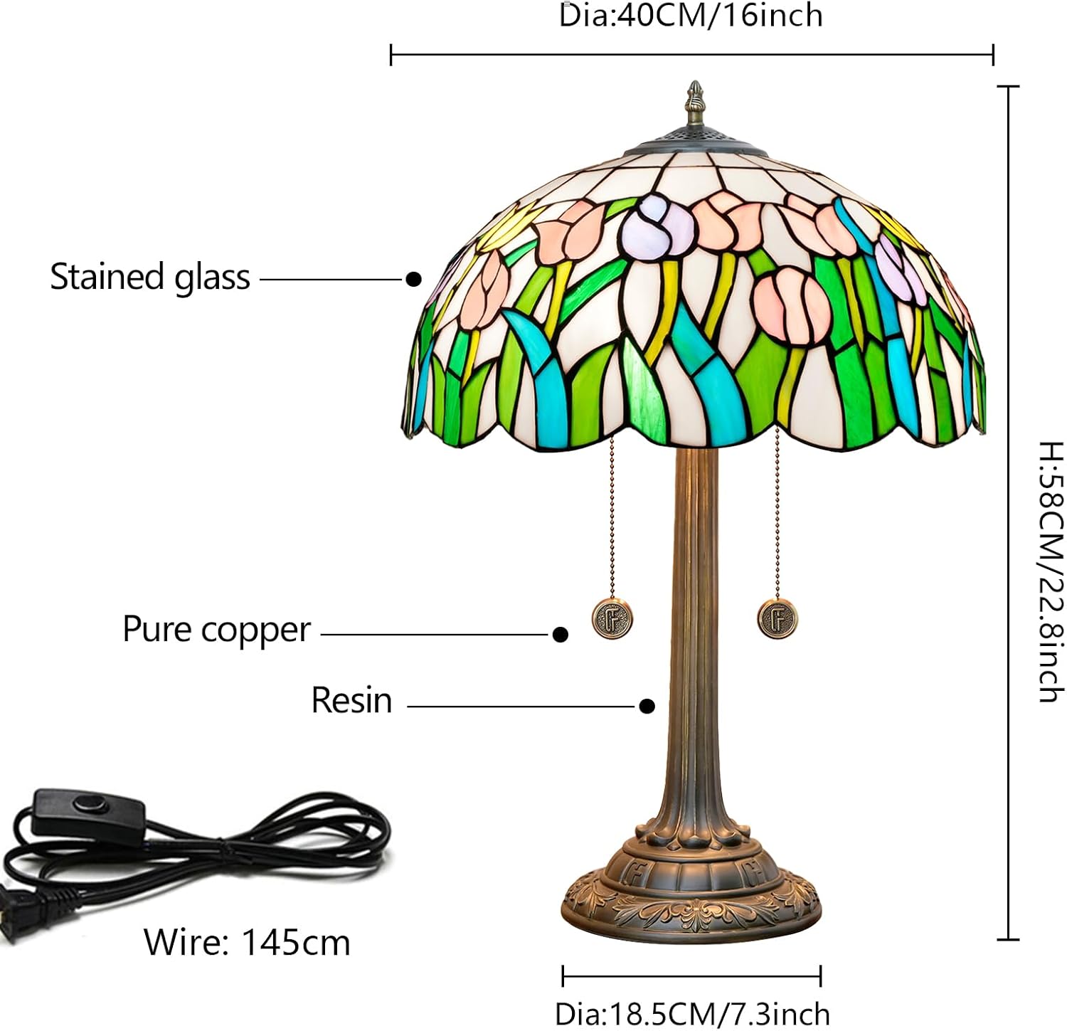 Tiffany Lamp Pink Yellow Tulips Stained Glass Table Lamp 16 inch Large Desk Light Antique Beside Reading Lamp for Home Living Room Bedroom Office