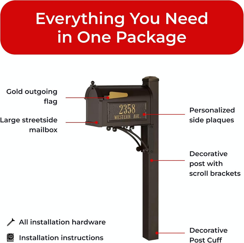 Superior Mailbox Package by Whitehall Bronze Large Cast Aluminum Mailbox with Decorative Post & Custom Address Side Plaques Weather Resistant Streetside Outdoor Mailbox System - Made in USA