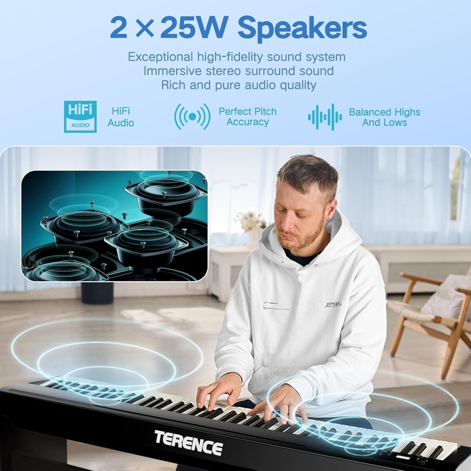 TERENCE P50 88 Key Weighted Keyboard Full Size Weighted Keyboard Piano 88 Keys with 2 * 25W Stereo Speakers,Digital Keyboard with Bluetooth,MIDI,Pedal,Audio/Video Recording,for Beginners and Advances