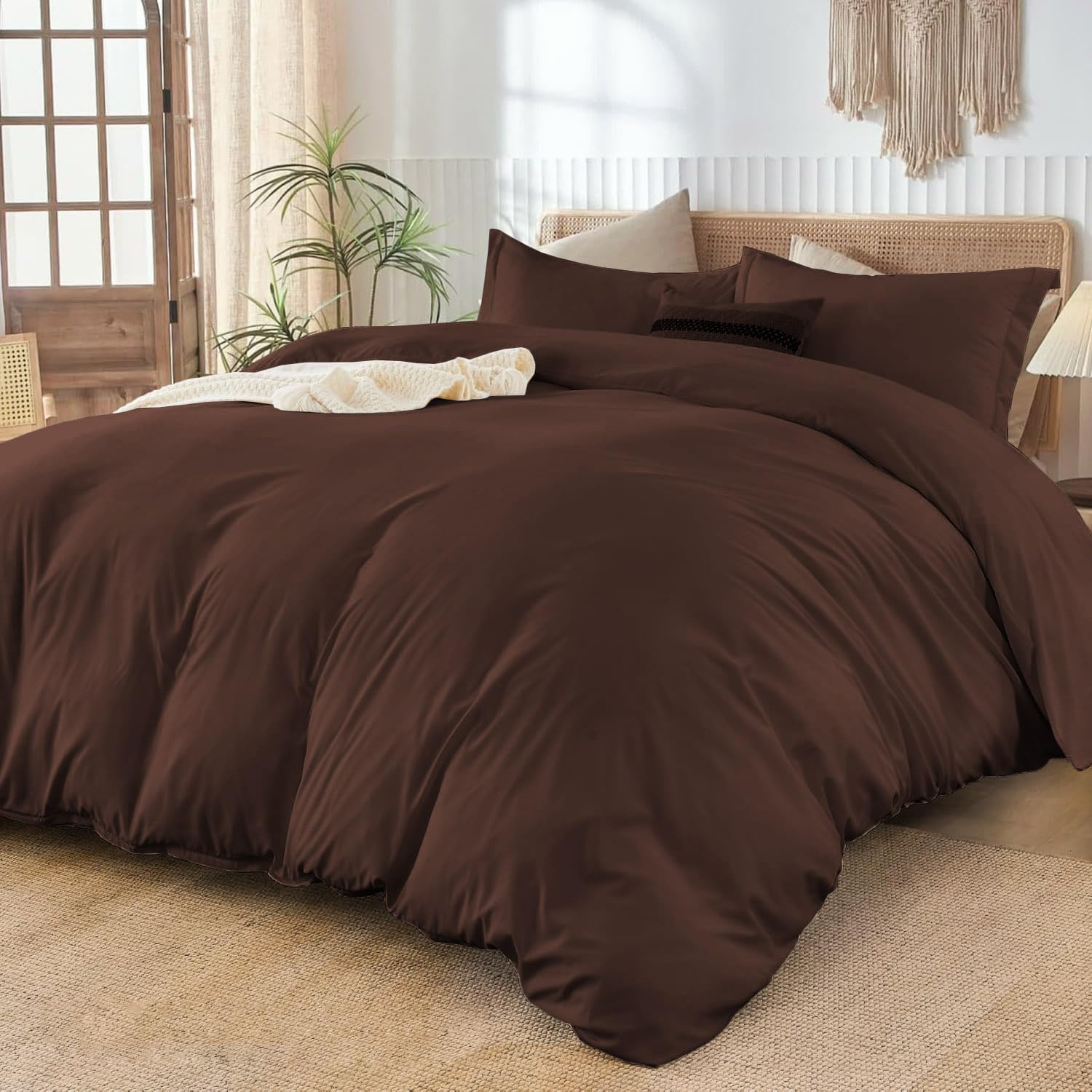 800TC 3 Sided Zipper Duvet Cover Set Soft Egyptian Cotton 3 Sided Zipper Closure, 3 PCS 1-Duvet Cover & 2- Pillow Shams - Oversize Queen Size (98' x 98') Inches, (Solid Chocolate)