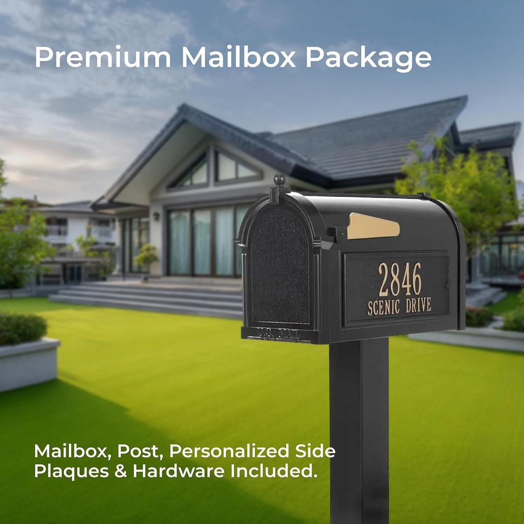 Whitehall Products Premium Capitol Mailbox Package with Personalized Side Plaques | Standard Post Fashion and Function with a Classic Design. Black