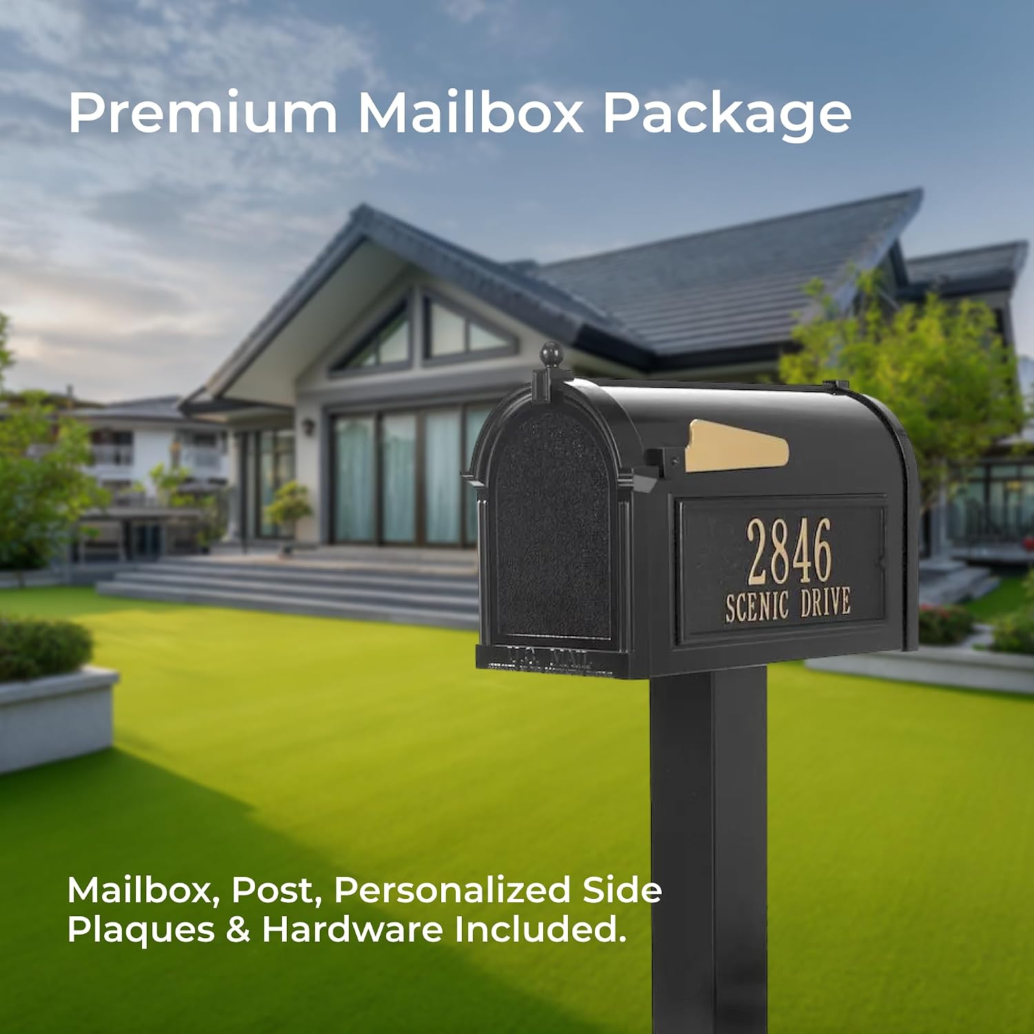 Whitehall Products Premium Capitol Mailbox Package with Personalized Side Plaques | Standard Post Fashion and Function with a Classic Design. Black
