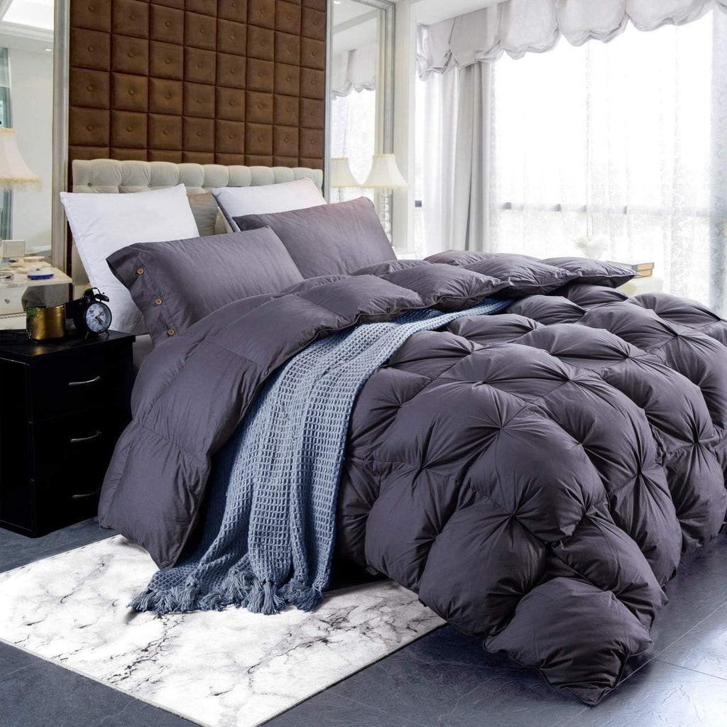 All-Season Luxurious Goose Down Comforter Queen Size Duvet Insert, Premium Pinch Pleat Design, 1200 Thread Count 100% Egyptian Cotton, 750+ Fill Power, 70 oz. Fill Weight (Queen, Gray)