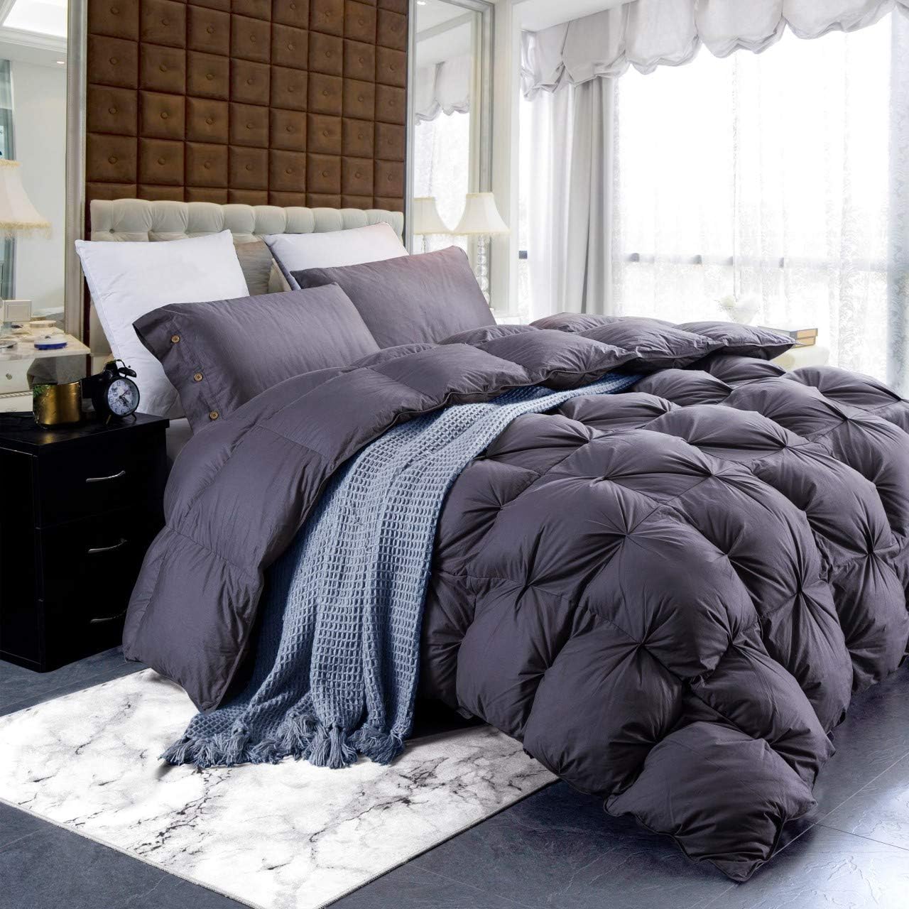 Luxurious Goose Down Comforter Queen Size Duvet Insert, Premium Pinch Pleat Design, 1200 Thread Count 100% Egyptian Cotton, 750+ Fill Power, 60 oz Fill Weight (Queen, Gray)