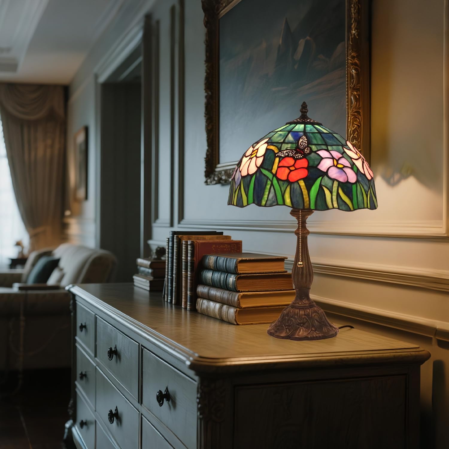 Tiffany Style Table Lamp,Butterfly Flower Table Lamp,12X12X19 Inch Tiffany Reading Light, Stained Glass Desk Decor Lamp.