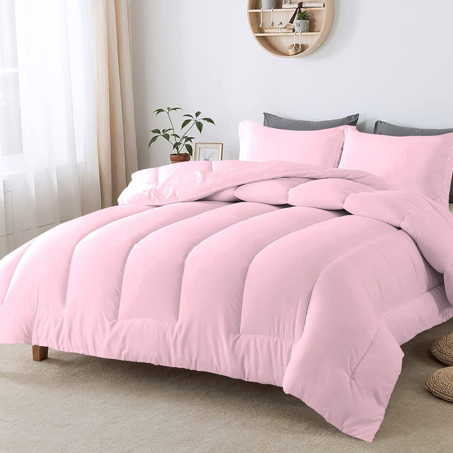 5 PC Straight Line Pattern Comforter Set Premium Super Soft 600 GSM All Season | 1000 Thread Count | 100% Egyptian Cotton ( Full/Queen Size, Light Pink Color)