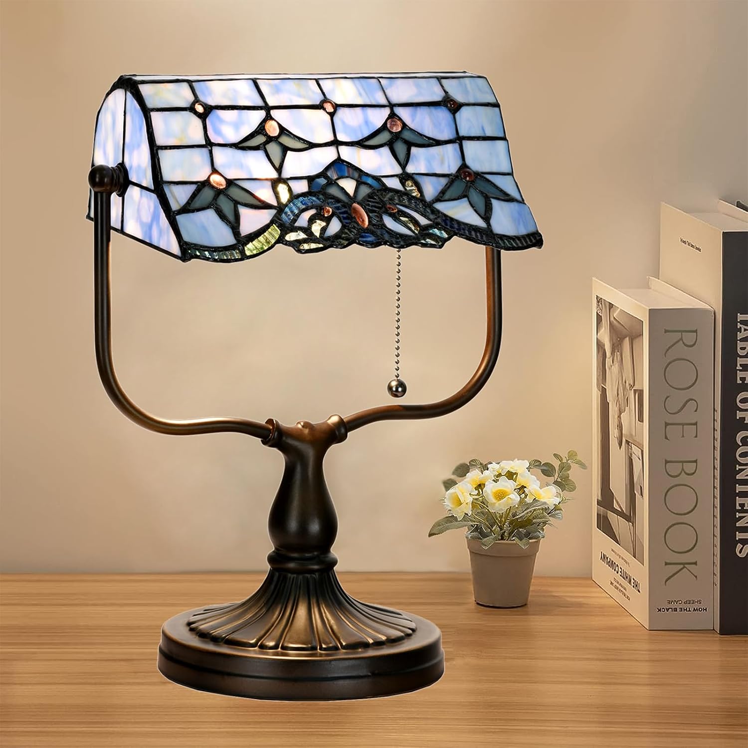 TL0031 Tiffany Banker Desk Lamp Stained Glass Blue Baroque Shade with Vintage Bronze Base W10.25 X OH13 Inch. Perfect for Piano Kitchen Beside Table, LED Bulb Included (Baroque)