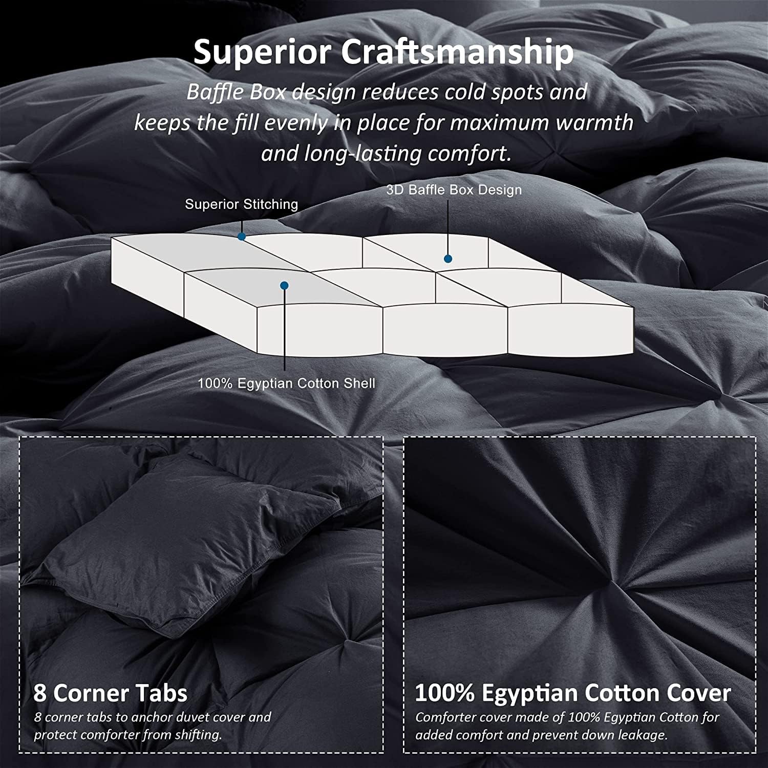 Luxurious Full/Queen Goose Down Comforter, Unique Black Pinch Pleat, 600 Thread Count, 100% Egyptian Cotton Cover, 70 Oz Fill Weight, 750 Fill Power