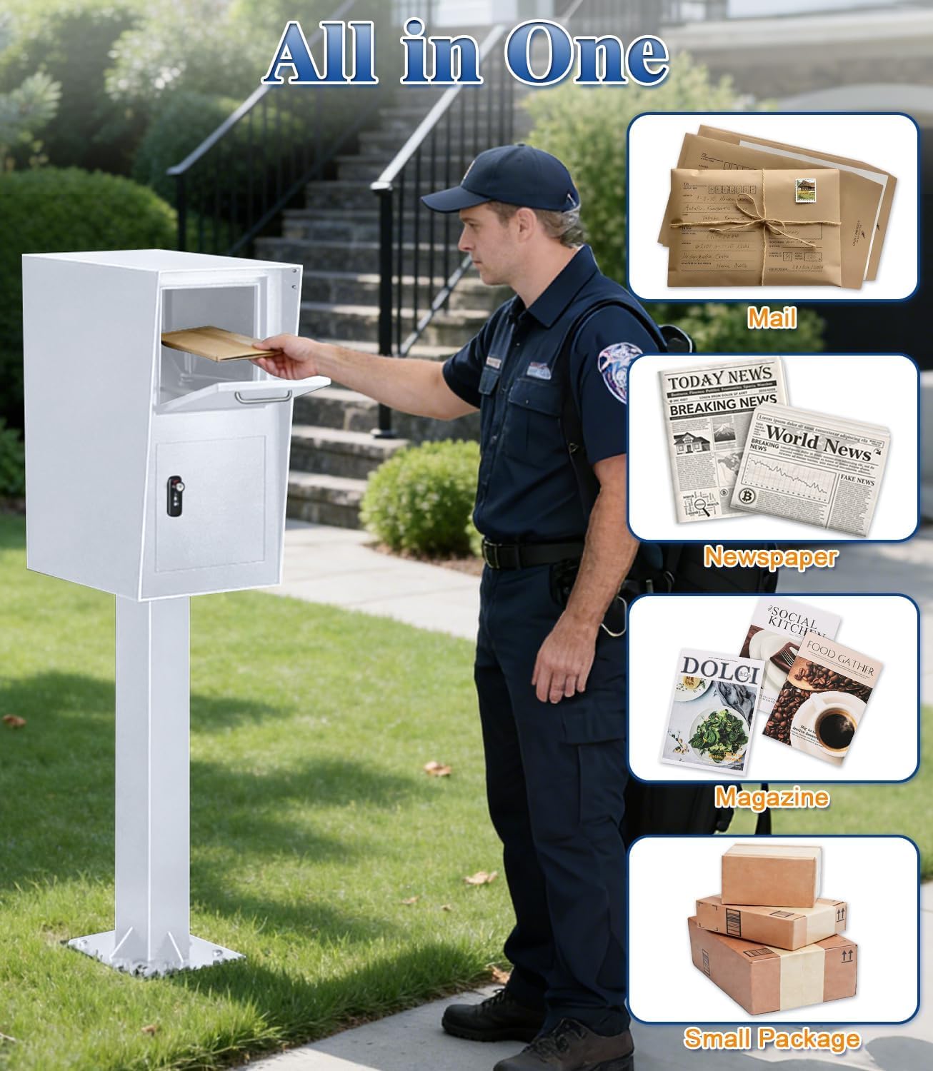 Post-Mount Mailbox, Mailboxes for Outside Weather Resistant, Large Outdoor Mailboxes, Mail Manager Curbside Locking Security Mailbox, Galvanized Steel Heavy Duty Mailbox, Easy to Instal (White)
