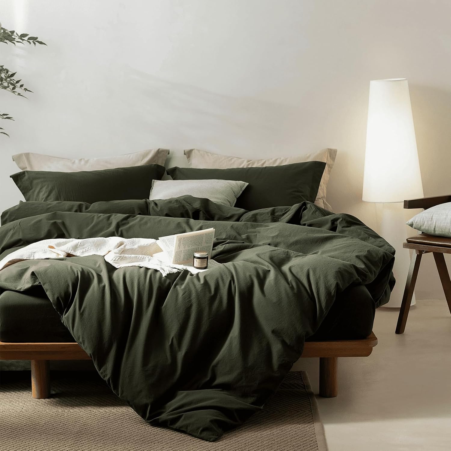 BDEAR Olive Green Duvet Cover Alaskan King Size 132'' W x 120'' L, 100% Washed Cotton Duver Cover with Zipper Closure Plus 2 Pillowcases, Oeko TEX Standard 100 Certificated, Cozy Feel