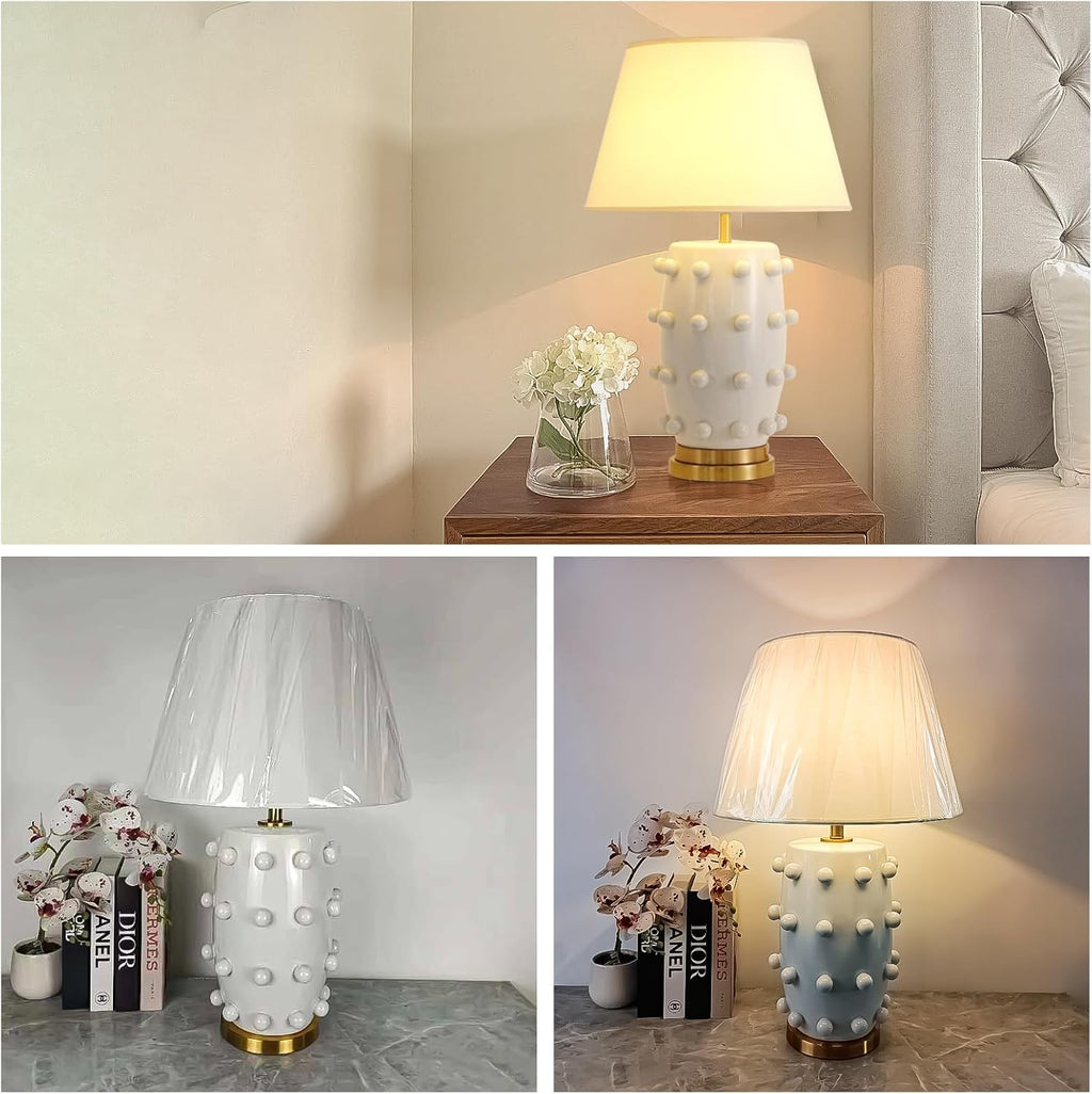 White Ball Farmhouse Ceramic Table Lamp Classic Nightstand Large Linden Lamp with Fabric Shade in Flat White White Table Lamp for Living Room, Bedroom, Office, and Home