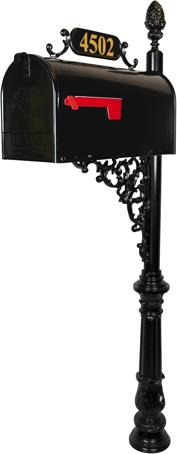 Magnolia Large Mailbox & Post System – Black Rust Resistant Mailbox – Includes Plaque, Decorative Bracket, Decorative Finial & Mounting Hardware - Customized Address Numbers