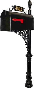 Magnolia Large Mailbox & Post System – Black Rust Resistant Mailbox – Includes Plaque, Decorative Bracket, Decorative Finial & Mounting Hardware - Customized Address Numbers