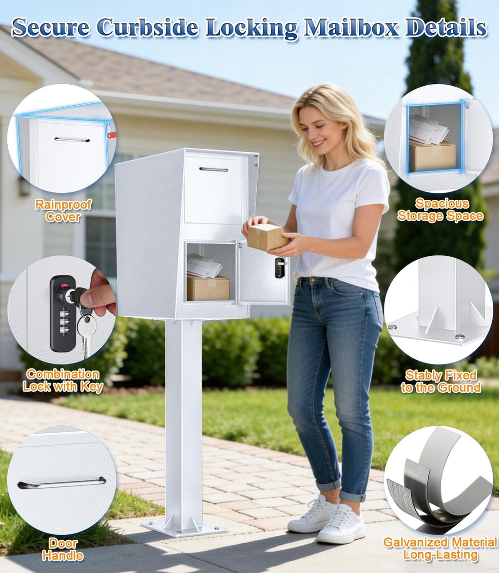 All-in-One Secure Curbside Locking Mailbox for Packages & Mail, Galvanized Steel with Combination Lock & Key, Anti-Theft Rainproof Design, Spacious Interior (White)
