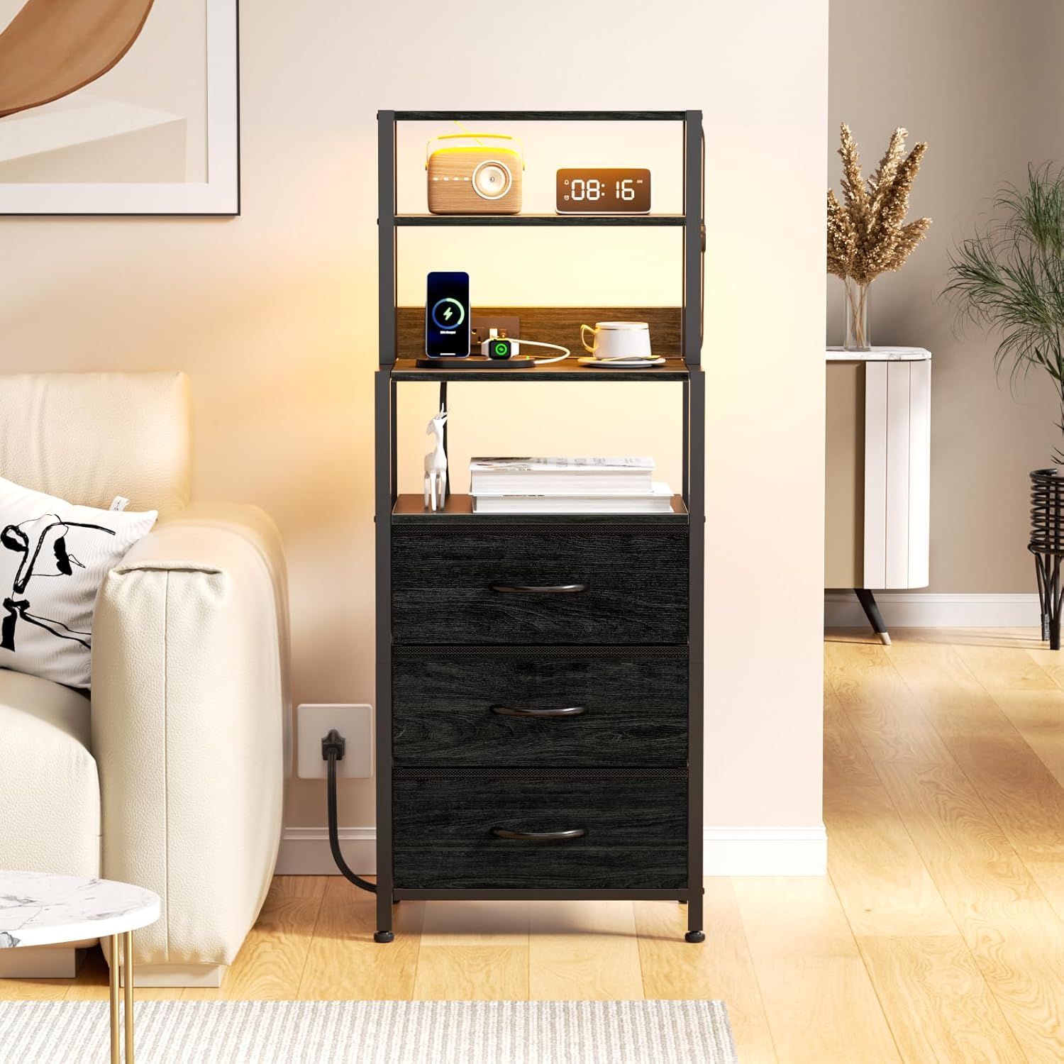 Furnulem Night Stand Set 2, Black nightstand Set of 2 with Charging Station, Bedside Table with Storage Shelf and 3 Fabric Drawers, Bed Side Table for Bedroom, Home Office, Dorm