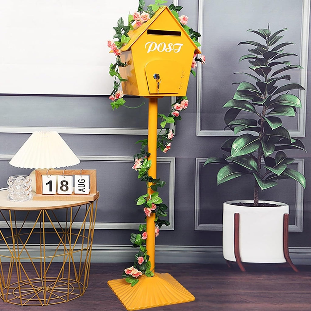 Key Drop Box Wall Mount Mailbox Mailboxes for Outside Wall Mount, Metal Mailbox, Complete System with Steel Mailbox and Aluminum Post Included(Yellow)
