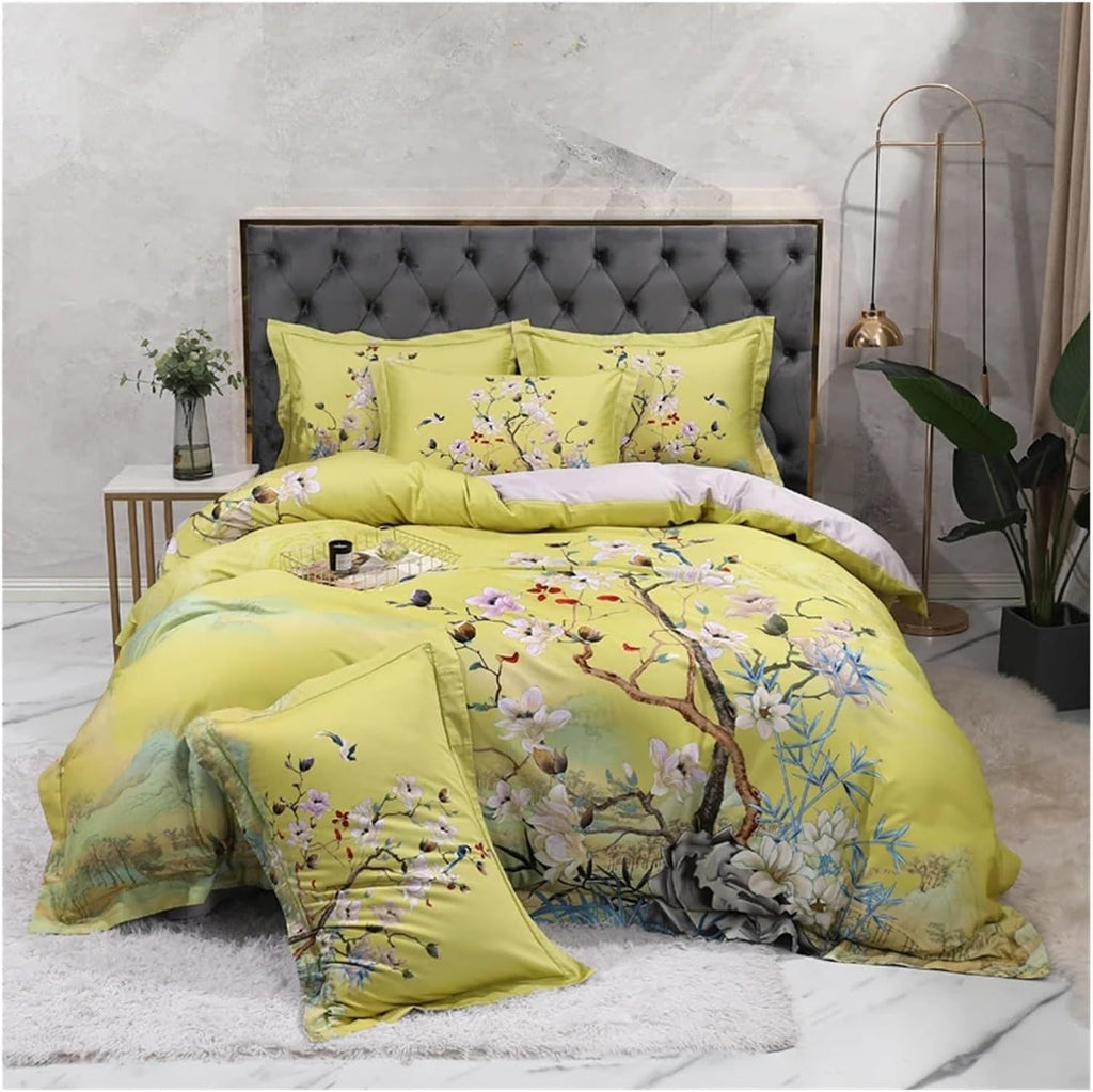 Egyptian Cotton Bedding Queen King Size 4Pcs Birds and Flowers Leaf Gray Shabby Duvet Cover Bed Sheet Pillow Shams,Cotton Duvet