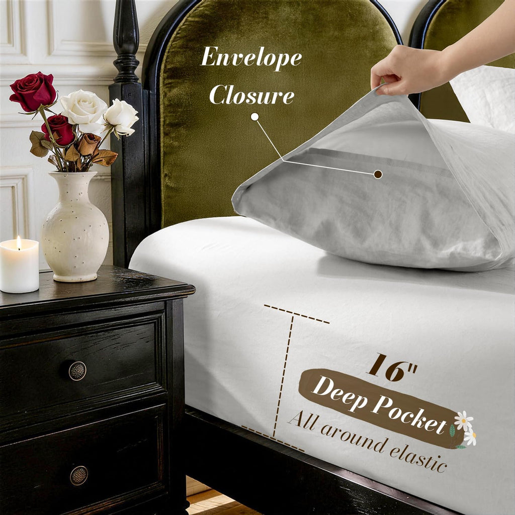 SONORO KATE 100% French Pure Linen Sheets, Breathable and Durable Linen Queen Size Sheets, Anti-Tear Linen Bed Sheets, Machine Washable, 16 Inch Deep Pocket - 4 Piece (Grey, Queen)