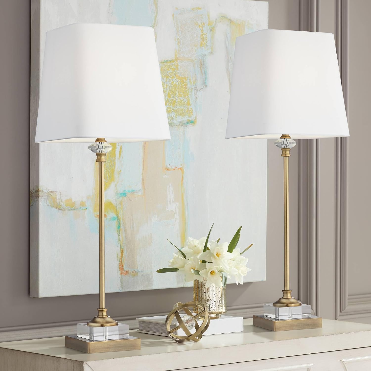 Regency Hill Julia 29 1/2' Tall Skinny Buffet Traditional Glam End Table Lamps Set of 2 Gold Clear Crystal Metal Living Room Bedroom Bedside Nightstand House Office Home Reading White Shade